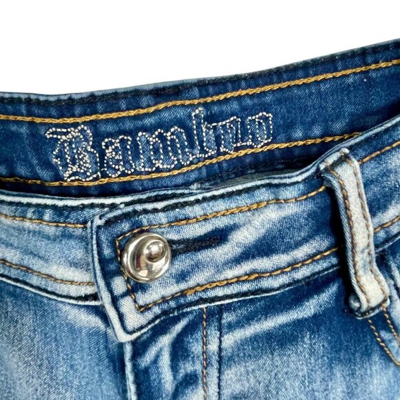 BAMBOO Y2K Low-Rise Faded Mid-Wash Embroidered Studded Skinny Jeans Womens 9/10 - Picture 4 of 14
